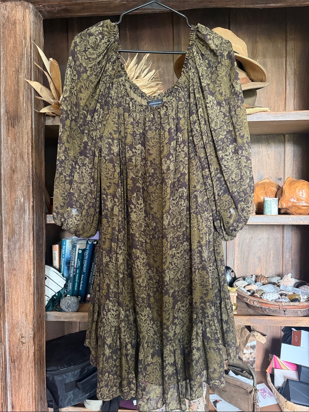 VintageY2K Moda Inter. OliveFloral Peasant Midi Green Damask Chiffon dress